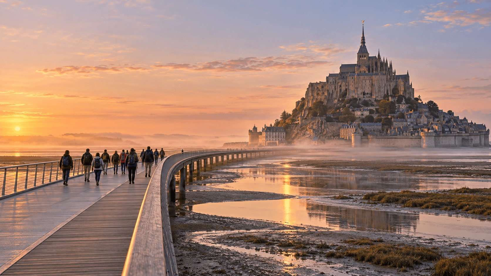 Groupe devant le Mont-Saint-Michel au lever du soleil, autocar sur la digue